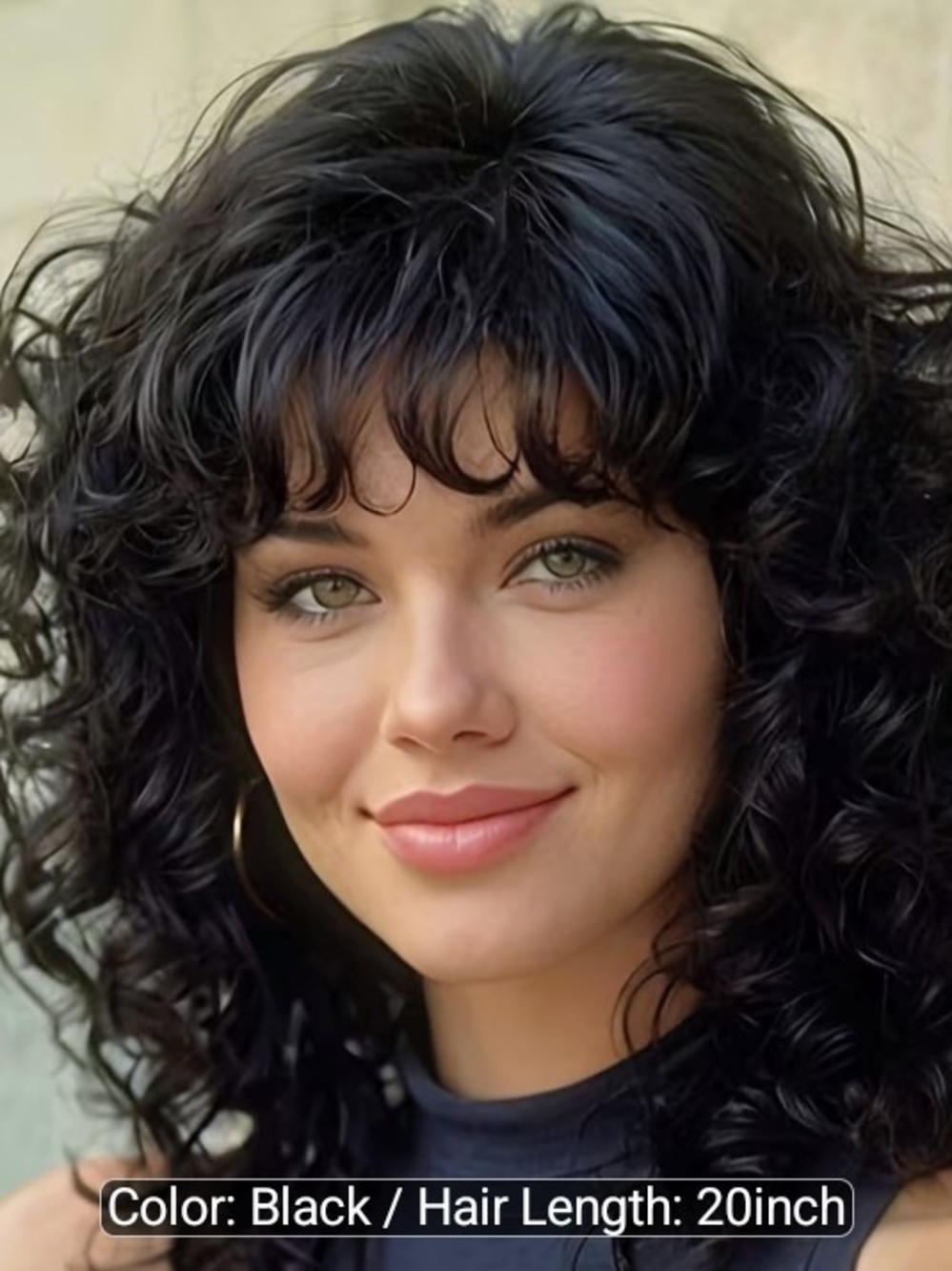 Black Curly Wig with Bangs - Natural Volume (20 inch)